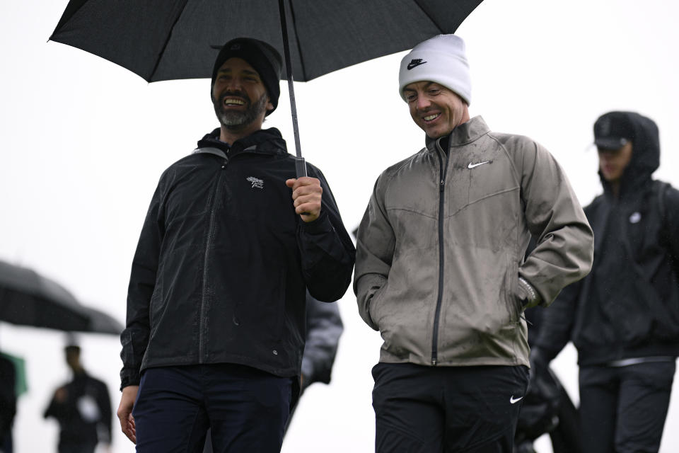 LA JOLLA, CALIFORNIA - FEBRUARY 12: Rory McIlroy of Northern Ireland and Donald Trump Jr. walk the ninth hole prior to The Genesis Invitational 2025 at Torrey Pines Golf Course on February 12, 2025 in La Jolla, California. (Photo by Orlando Ramirez/Getty Images)