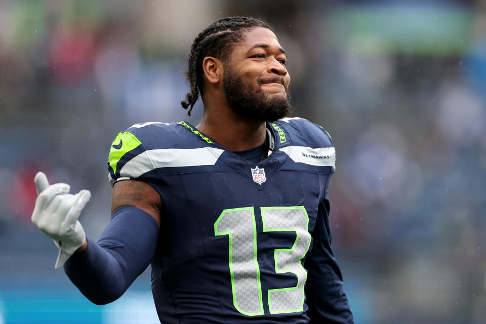 SEATTLE, WASHINGTON - NOVEMBER 24: Ernest Jones IV #13 of the Seattle Seahawks looks on against the Arizona Cardinals at Lumen Field on November 24, 2024 in Seattle, Washington. (Photo by Steph Chambers/Getty Images)