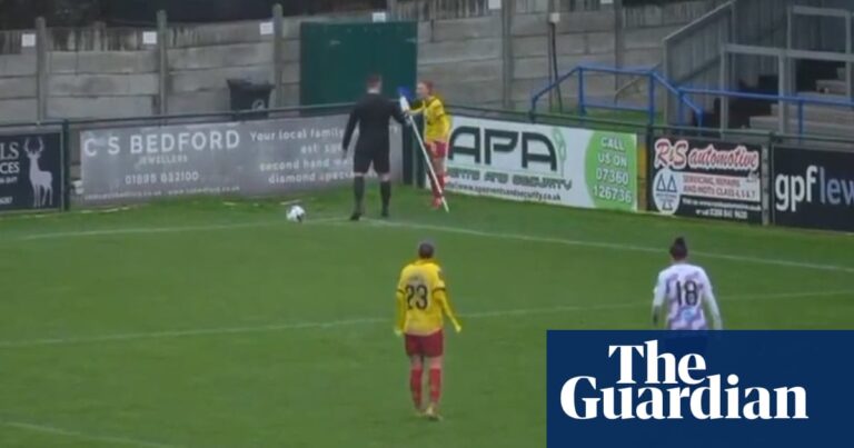 Player sent off after removing corner flag due to puddle on pitch – video