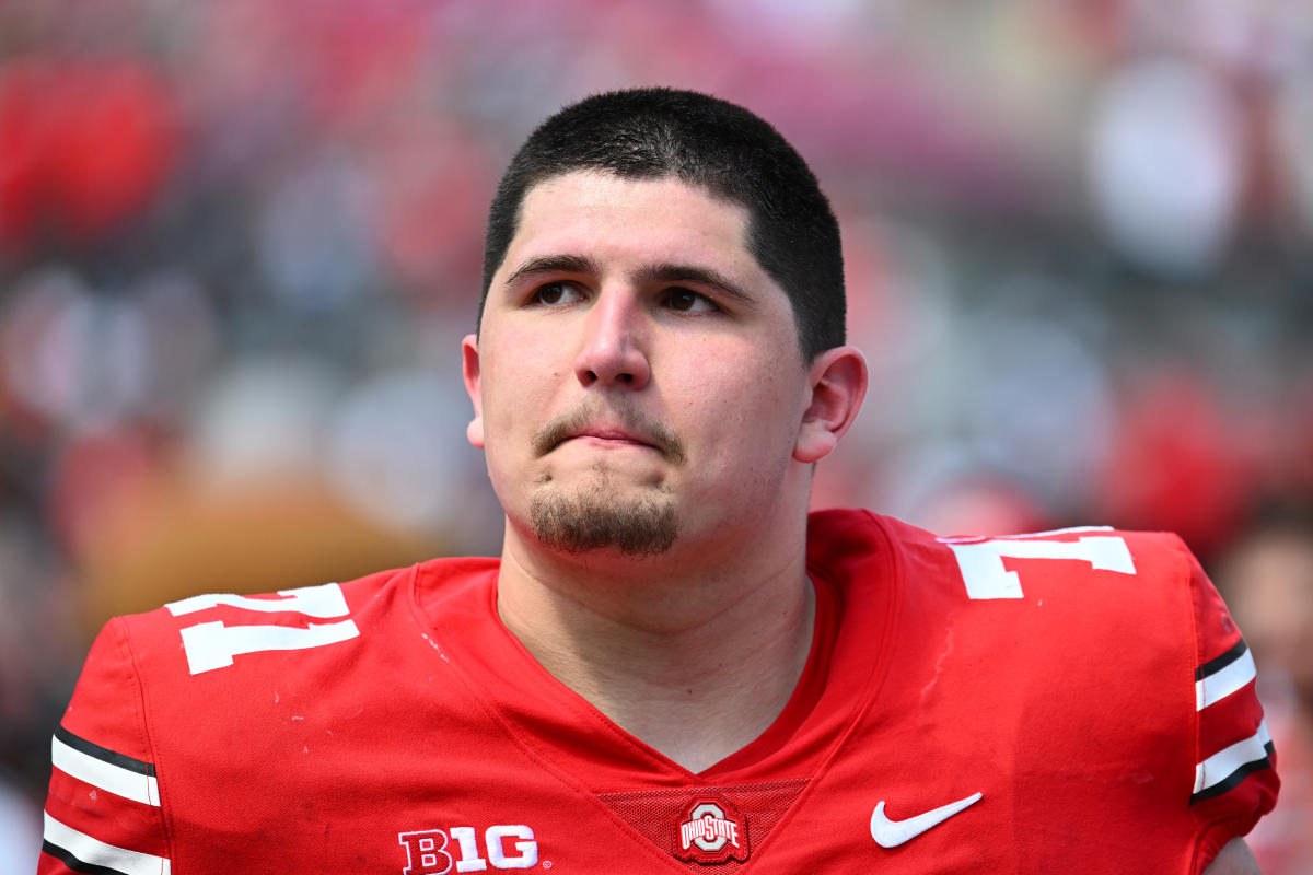 COLUMBUS, OHIO - APRIL 15: Ben Christman #71 of the Ohio State Buckeyes walks off the field following the Spring Game at Ohio Stadium on April 15, 2023 in Columbus, Ohio. (Photo by Ben Jackson/Getty Images)