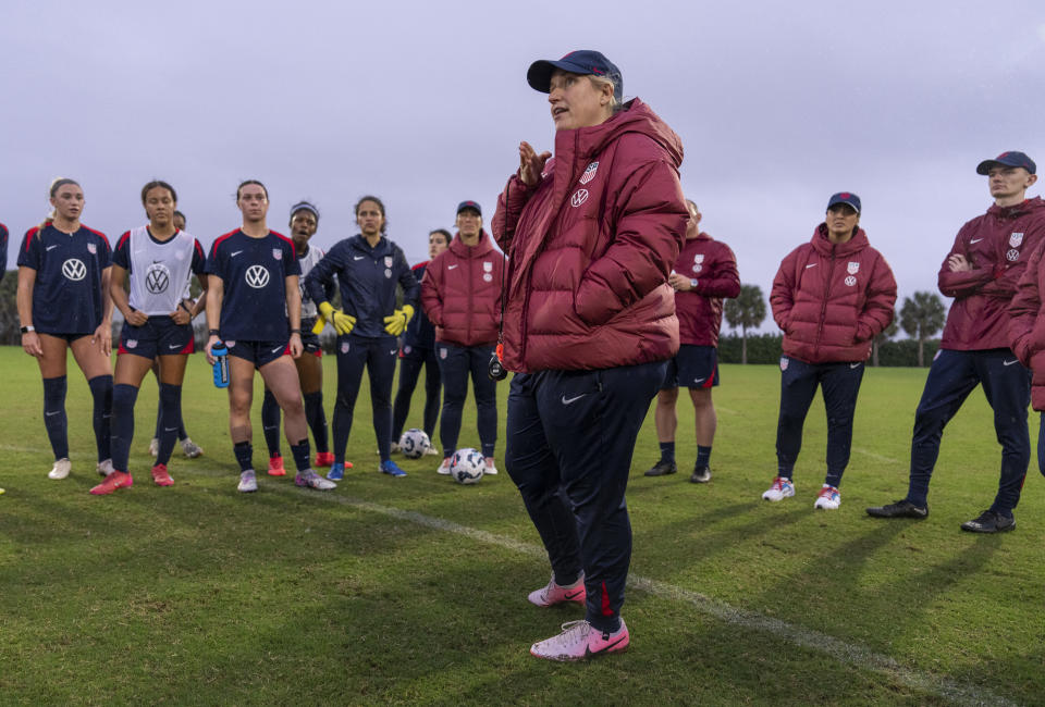 Coach Hayes talks to the team during training in Florida last month. (Brad Smith/ISI Photos/Getty Images for USSF)