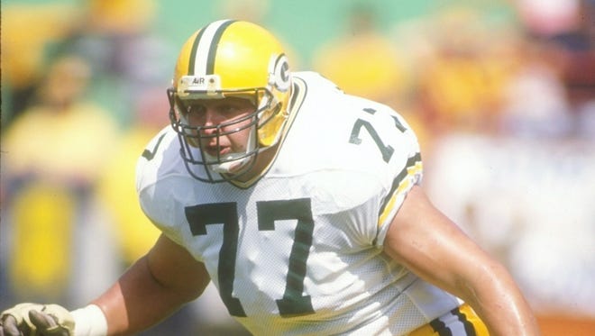 Green Bay Packers tackle Tony Mandarich prepares to block during a game against the Los Angeles Rams.