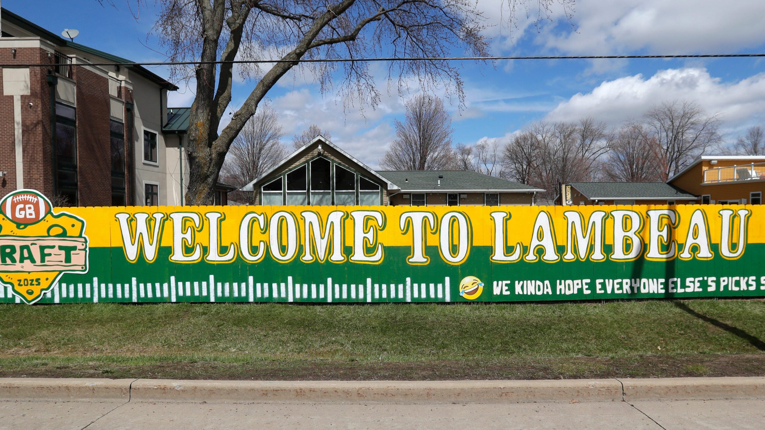 The Packers fence at 1219 Shadow Lane, pictured on April 19, 2025, in Green Bay, Wis., was repainted for the 2025 NFL Draft at Lambeau Field.