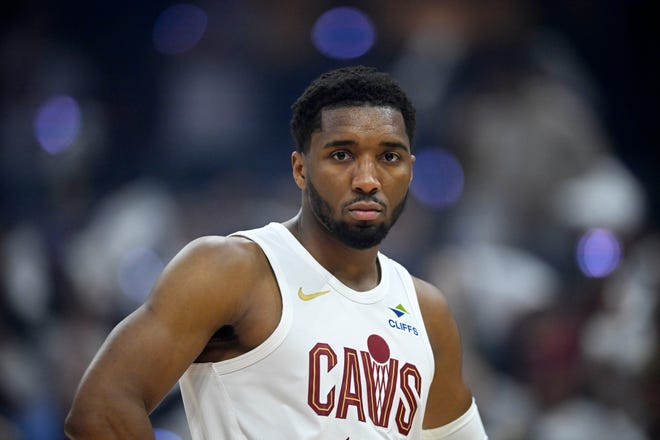 Cleveland Cavaliers guard Donovan Mitchell (45) stands on the court against the Miami Heat on April 20, 2025, in Cleveland, Ohio.