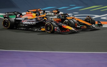 Verstappen (bottom) veered off the track in attempting to stay in front of McLaren's Oscar Piastri (top) at turn one of the Saudi Arabian Grand Prix, 21 April, 2025