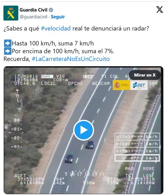 Guardia civil tweet with speed limit tolerance Photo Guardia Civil on X