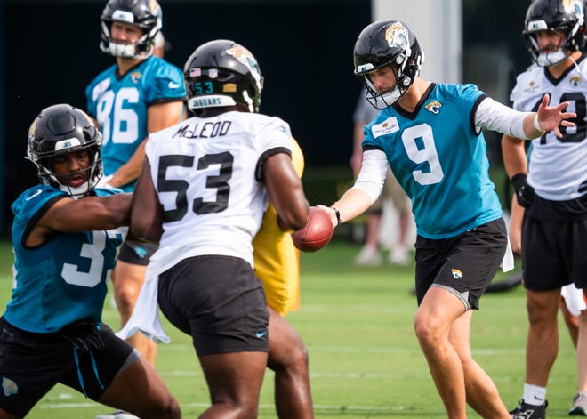 Jacksonville Jaguars punter Logan Cooke (9) punts during the Jacksonville Jaguars’ mandatory minicamp Tuesday June 10, 2025 at the Miller Electric Center in Jacksonville, Fla. [Doug Engle/Florida Times-Union]