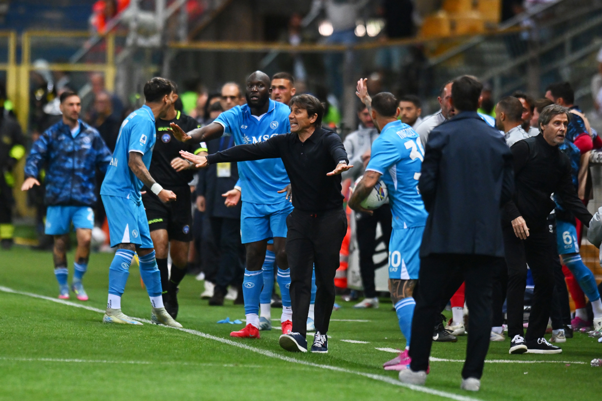 PARMA, ITALY - MAY 18: Antonio Conte, Head Coach of Napoli, reacts during the Serie A match between Parma and Napoli at Stadio Ennio Tardini on May 18, 2025 in Parma, Italy. (Photo by Alessandro Sabattini/Getty Images) - Scudetto