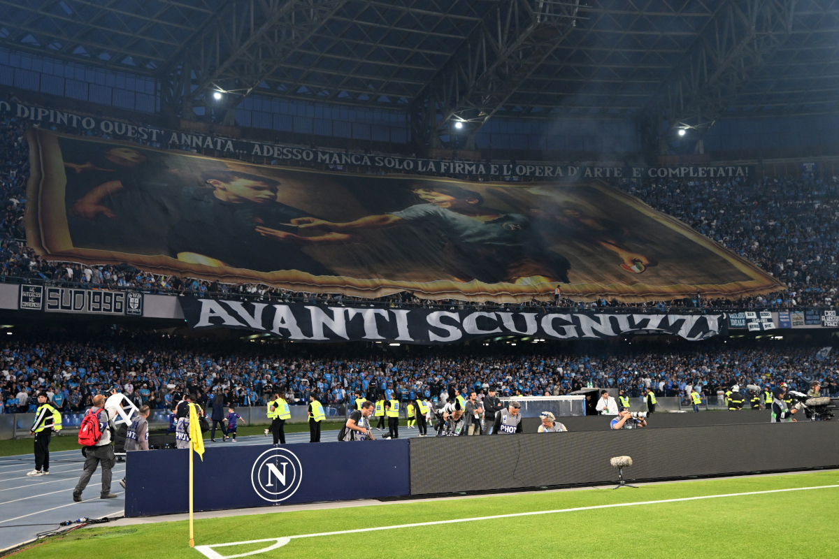 NAPLES, ITALY - MAY 23: Fans of Napoli display a tifo prior to the Serie A match between Napoli and Cagliari at Stadio Diego Armando Maradona on May 23, 2025 in Naples, Italy. (Photo by Francesco Pecoraro/Getty Images)
