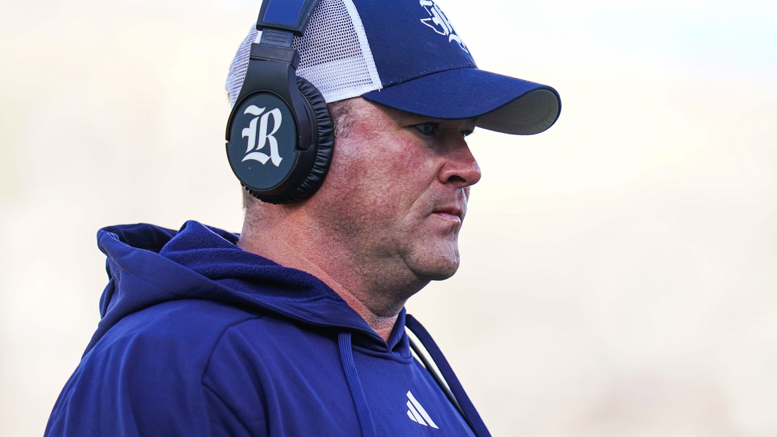 Rice coach Mike Bloomgren watches from the sideline during a game against Connecticut on Oct. 26, 2024, in East Hartford, Connecticut.