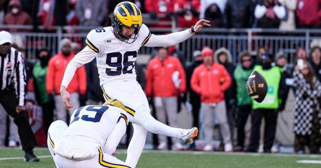 Dominic Zvada drilled a 70-yard field goal in warmups for practice at Michigan Stadium