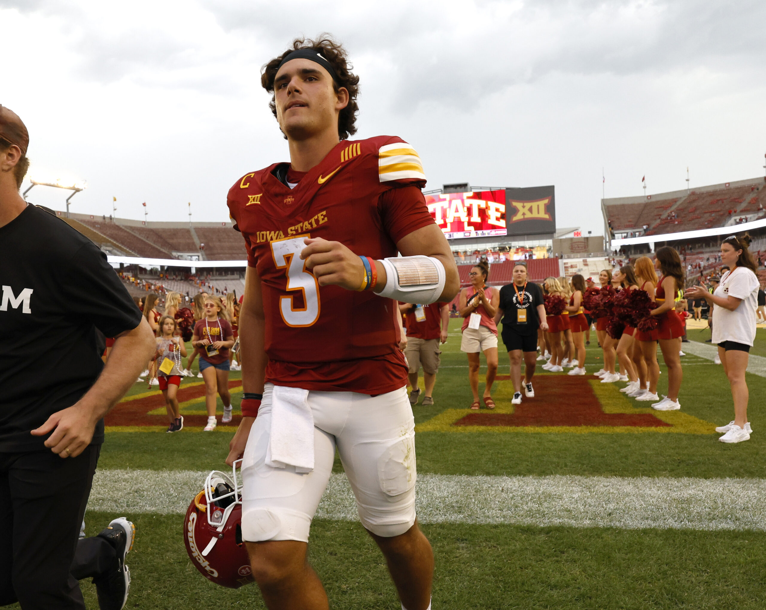 AMES, IA - AUGUST 30: Quarterback Rocco Becht #3 of the Iowa State Cyclones runs off the field after winning 55-7 over the South Dakota Coyotes at Jack Trice Stadium on August 30, 2025, in Ames, Iowa. The Iowa State Cyclones won 55-7 over the South Dakota Coyotes. (Photo by David Purdy/Getty Images)