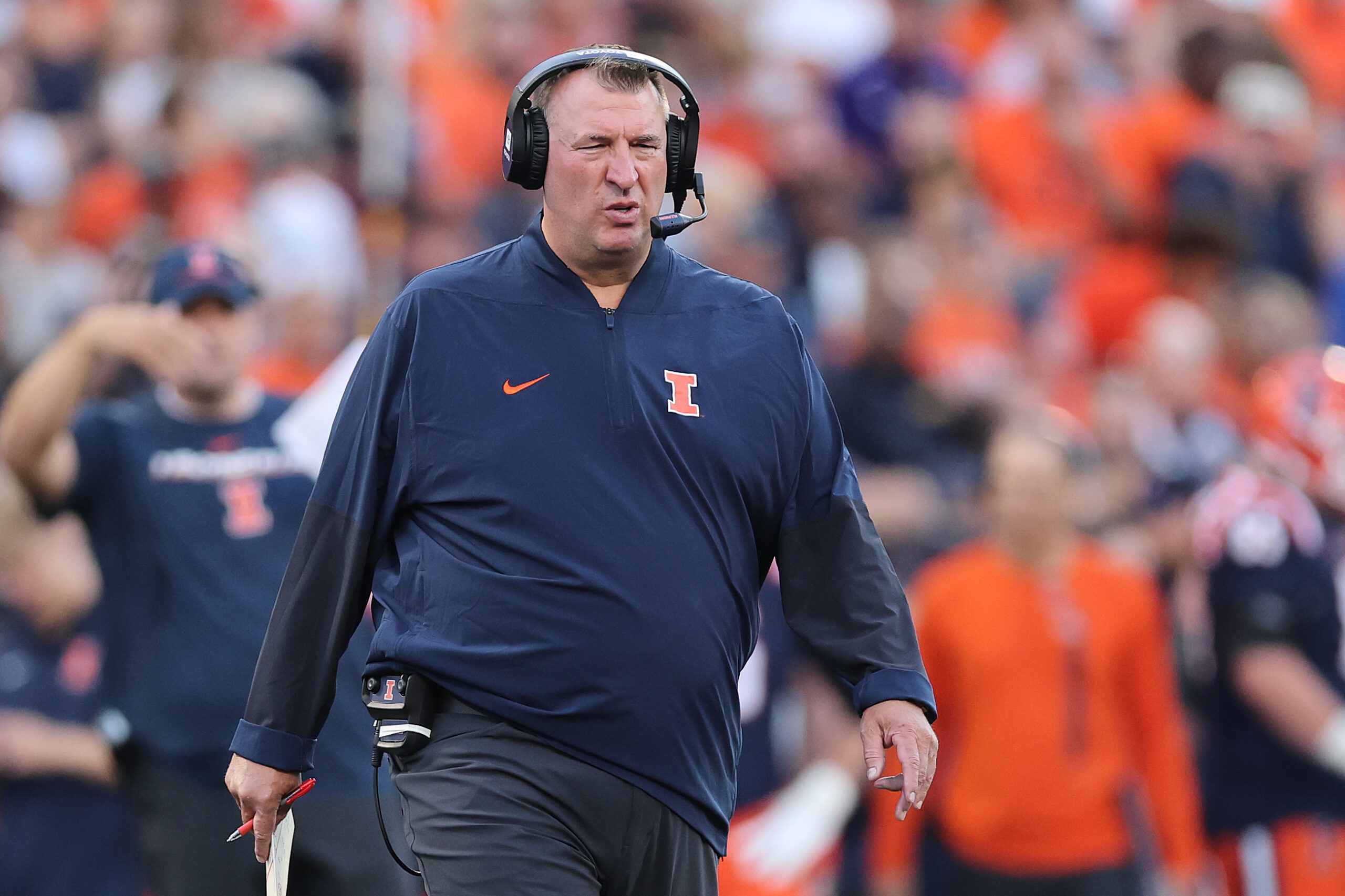 CHAMPAIGN, ILLINOIS - AUGUST 29: Head coach Bret Bielema of the Illinois Fighting Illini looks on against the Western Illinois Leathernecks during the first half at Memorial Stadium on August 29, 2025 in Champaign, Illinois. (Photo by Michael Reaves/Getty Images)