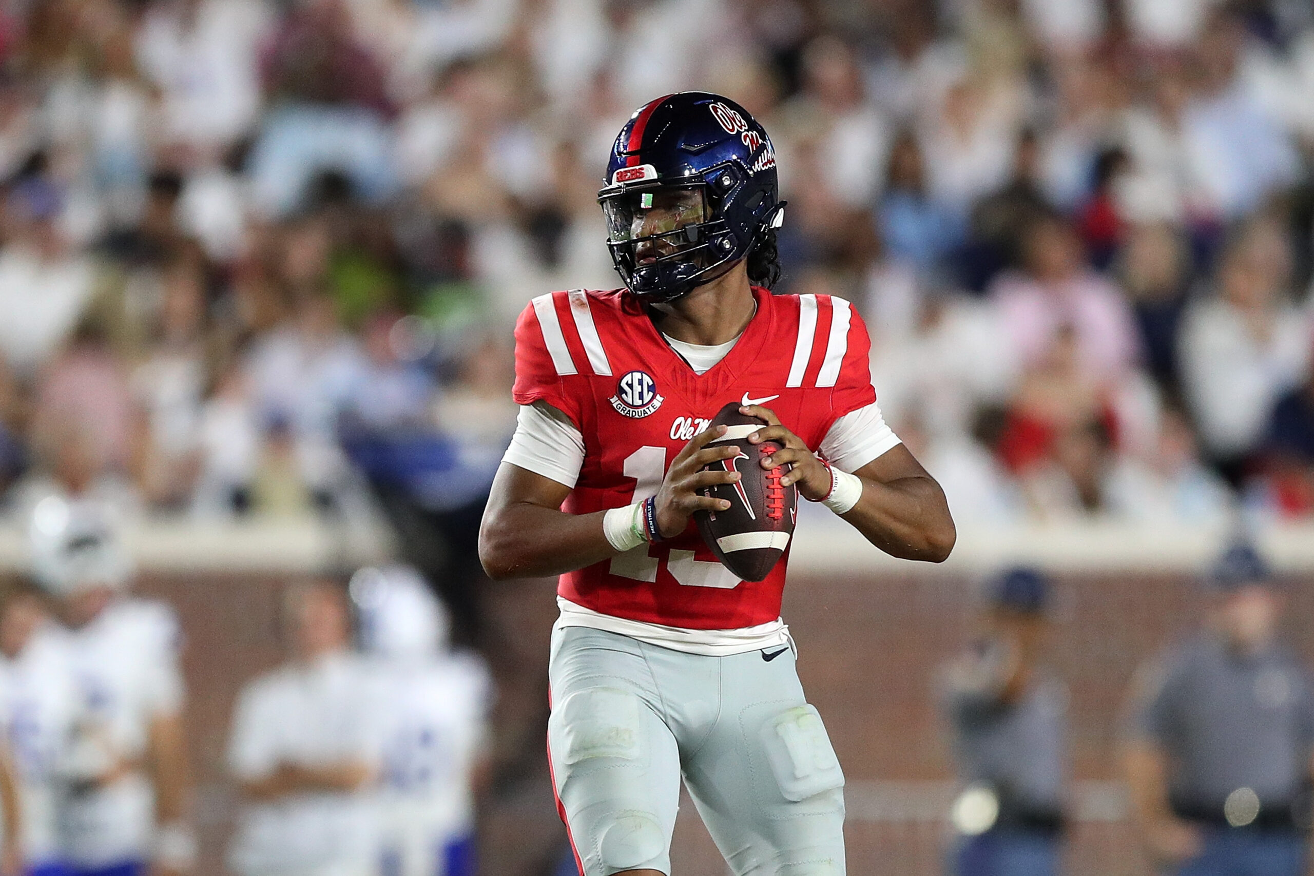 OXFORD, MISSISSIPPI - AUGUST 30: Austin Simmons #13 of the Mississippi Rebels looks to pass during the first half against the Georgia State Panthers at Vaught-Hemingway Stadium on August 30, 2025 in Oxford, Mississippi. (Photo by Justin Ford/Getty Images)